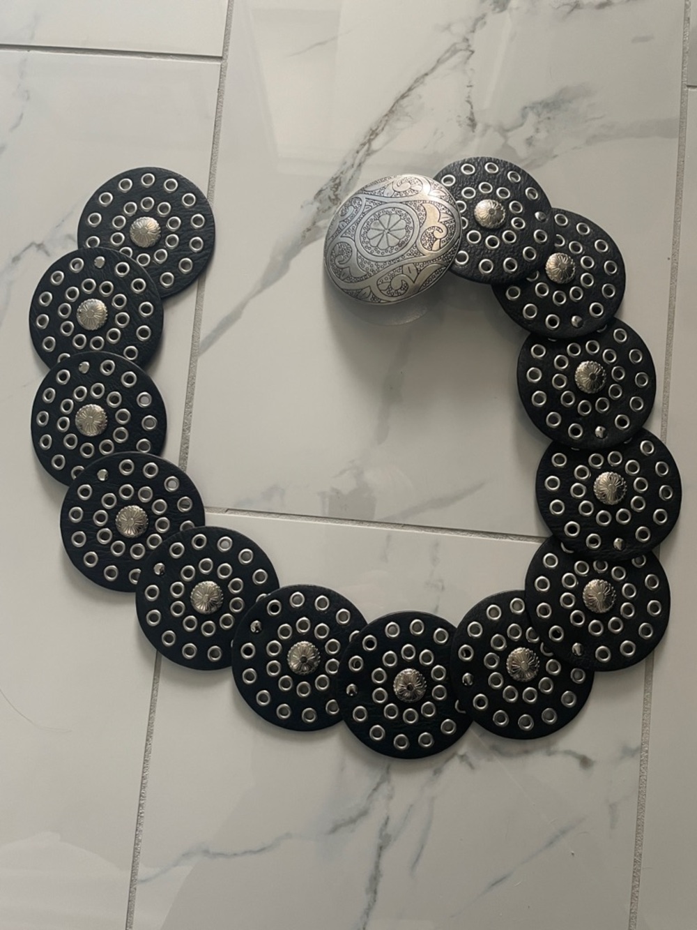 Black Circular Studded Belt with Silver Medallion Accent